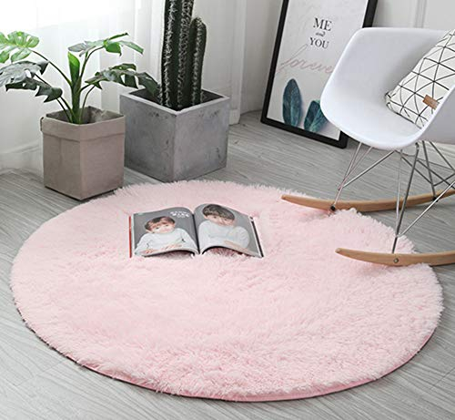 Insun Tapis Shaggy Monochrome Tapis à Poils Moelleux Pile Haute Rond Tapis en Polyester pour Le Salon la Chambre Rose 130cm Diamètre