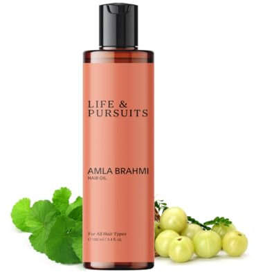 Life & Pursuits Amla Brahmi Hair Oil for Hair & Scalp Health - 100 ml | Natural, Indian Ayurveda Oil for Healthy & Shiny Hair | Coconut, Castor, Sesame, Triphala, Gotukola