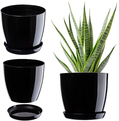 KADAX Élégant Pot à Fleurs/Plantes avec Soucoupe Forme Ronde et élégante en Plastique léger pour l’intérieur et la Maison Cache-Pot pour Fleurs, Plantes Ø 23 cm Noir