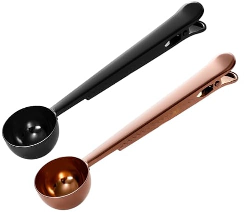 Cuchara de café con clip para bolsa, cuchara con abrazaderas selladas, cuchara multifunción de leche en polvo cuchara medidora de café, 20 ml (negro+oro rosa)