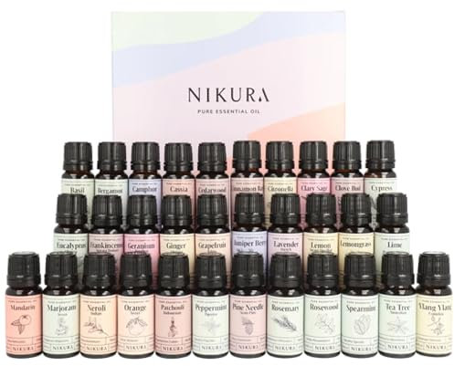 Nikura Collection of Pure Essential Oils - 32 x 10ml | Essential Oils for Diffuser for Home, Skin, Sleep, Repel, Rosemary Oil for Hair Growth, Aromatherapy | Peppermint, Lavender, Tea Tree, Citronella