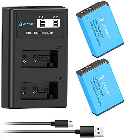 Artman LP-E17 Battery 1300mAh and Dual USB LCD Charger Compatible with Canon EOS R10, RP, Rebel SL3, SL2, T8i, T7i, T6i, T6s, EOS M3, M5, M6, EOS 200D, 77D, 750D, 760D, 800D, 8000D (2-Pack)