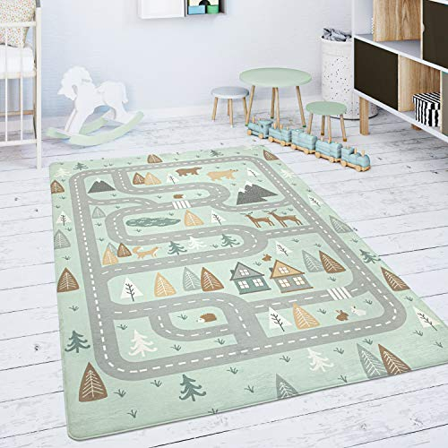 Paco Home Spielmatte Kinderteppich Teppich Kinderzimmer rutschfest Modern Straße Bär Elch Bäume Grün Grau, Grösse:120 cm Rund