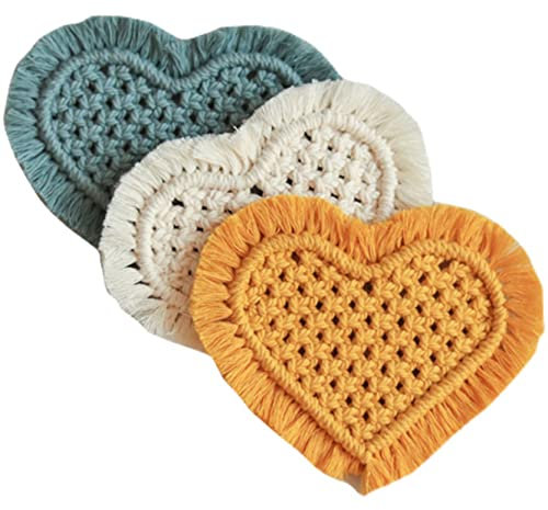 WABMJGW Lot de 3 dessous de verre en macramé fait à la main en coton tissé en forme de cœur Bohème Dessous de verre antidérapant Décoration de table pour cuisine Beige
