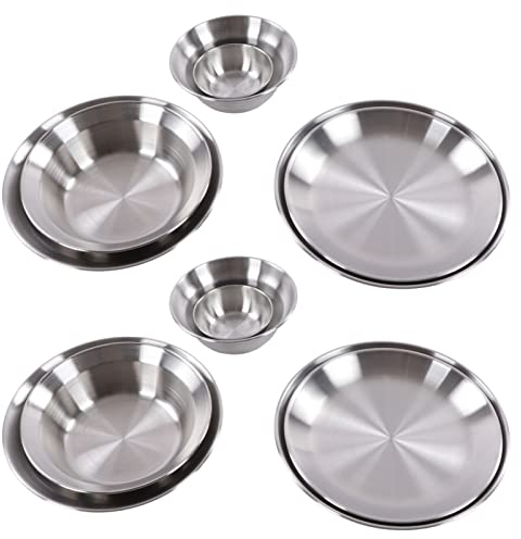 Stainless Steel Camping Dinnerware Set, 12-Piece Outdoor Hiking Plates & Bowls with Storage Bag, Food Grade Safe, Lightweight for Camping, Picnics & Adventure