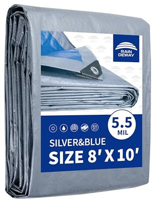 RAINDEWAY Tarps - Lona de polietileno impermeable multiusos de 8 x 10 pies, 5.5 mil, con ojales de metal y bordes reforzados, lona plateada y azul