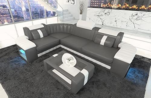 Sofa Bergamo Leder L Form Ecksofa Ledersofa mit Beleuchtung Couch mit Kopfstützen (Ecke Links, Grau-Weiß)
