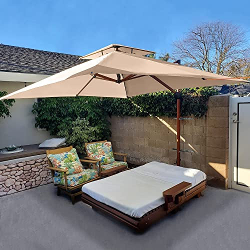 PURPLE LEAF Parasol De Jardin Extérieur, Parasol Déporté Inclinable 3 x 3 m, Grain de Bois en Aluminium, Toit à Double Rotatif 360°, Anti-UV, Convient Pour les Terrasses et les Cours Carrées, Beige