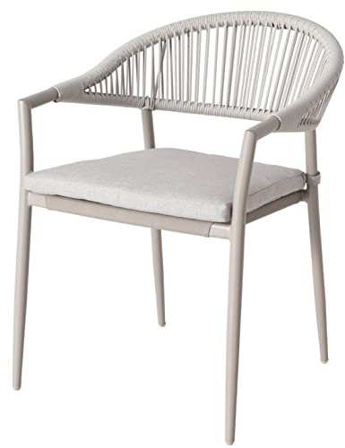 METRO Professional Gartenstuhl mit Armlehne und Kissen, Stahl/PE Rattan, 57x63x79 cm, Stapelbar, Wetterfest, 150 kg Tragkraft, Champagner