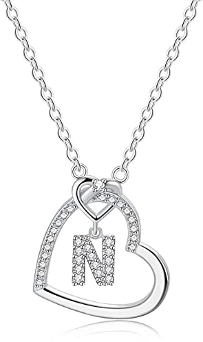 LIHELEI Damen Halskette Herz Buchstabe 925 Silber Kette Damen Personalisiere Kette, Geburtstags und Weihnachten Geschenk Für Frauen Mädchen Mama Freundin - N