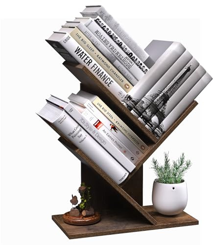 R RUISHENG 3 Tier Small Tree Bookshelf Desk Book Organizer Narrow Bookcases for Books Magazines CDs Free Standing Retro Wooden Storage Shelves for Home Office Bedroom Living Room Rustic Brown