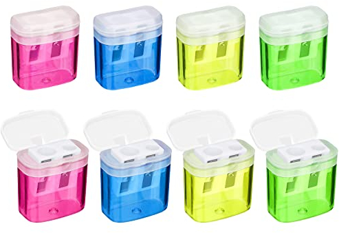 Catelves 8 Stücke 4 Farben Anspitzer mit Behälter, Spitzer mit Dose, Anspitzer mit Behälter Klein, Anspitzer Kinder, Doppelloch-Bleistiftspitzer und Manueller Pencil Sharpener,Spitzer für Schule Büro