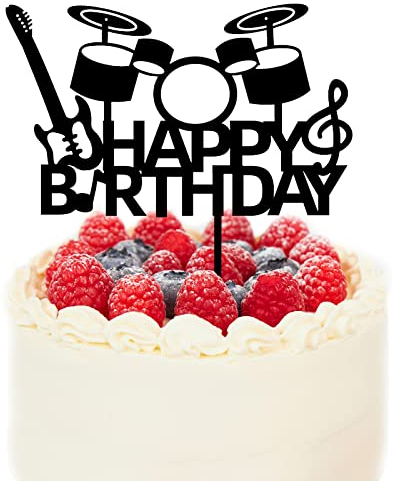 PLIFREAT Rockmusik Tortenaufsatz, Schwarzer Acryl Happy Birthday Kuchenaufsatz Mit Schlagzeug, Tortenaufsatz Zum Thema Musik Für Jungen, Mädchen, Schlagzeuger, Geburtstagstorte Dekoration