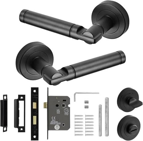 Decoranddecor Enigma Round Door Handles – Aluminium Matt Black Internal Handle Sets with Bathroom Lock and Turn Release – Sleek Design for Interior Doors