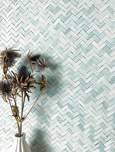 NEWROOM Papier peint Bleu Rotin Intissé - Boho Bleu Clair Turquoise Motif à Chevrons Panneau en Osier Couleur Unie