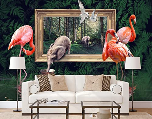 Papier Peint Flamant Rose D'Éléphant De Jungle Tropicale Muralepapier Peint Intissé Papier Peint Salon Chambre 150(W) X105(H) Cm
