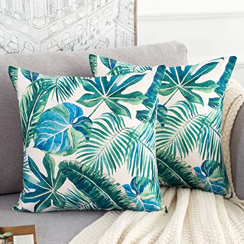 Grüne Blätter Kissenbezug TropischePalme Blätter Frühling Sommer Kissenbezüge 50 x 50 cm 2er Set Weichem Leinen Dekorative Kissenhülle Zierkissen Bezug für Sofa Couch Zuhause Terrasse Garten Zelt Park