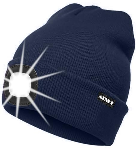 ATNKE LED Beleuchtete Mütze,Wiederaufladbare USB Laufmütze mit Licht Extrem Heller 4 LED Lampe Winter Warme Stirnlampe für Herren und Damen Geschenke/Light Navy Blue