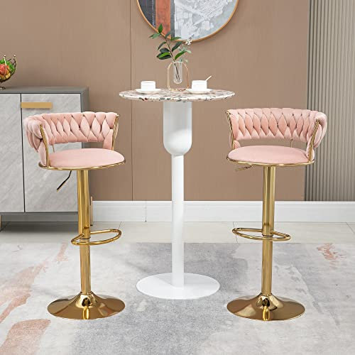 Barhocker 2er Set Samt Barstuhl Höhenverstellbar 360° Drehbar Hocker Mit Handgeflochtener Rückenlehne Und Runder Goldener Fuß Fußstütze Kücheninsel Beistellstuhl (Rosa)