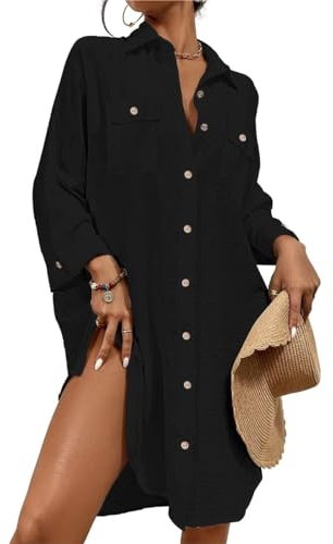 Bsubseach Modern Swimsuit Coverups for Women Button Down Beach Shirt Dress Tops Resort Wear Black XL