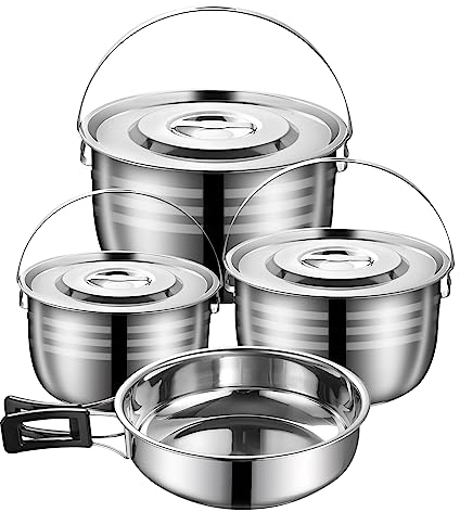 Outdoor Camping Cookware Mess Kit,4PCS Stainless Steel Camping Cooking Set,Camping Pot and Pan Set for Hiking, Picnic, RVS,Travel