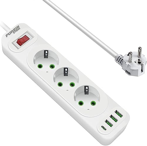 Regleta Enchufes con USB C, Protección sobretensión con 3 Tomas y 3 USB de Carga Rápida y 1 Tipo C, Extensión Protectora Multienchufe Alargador de 2 Metros (F23U Blanco)