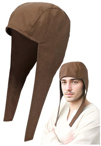 PROCOS Medieval Coif Cap, Linen Hats Bonnet with Ear Flaps Victorian Cosplay Accessory (Brown)