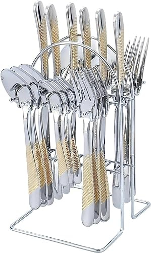 Wekity Vergoldetes Silbergeschirr Set, 24-teiliges Besteck Set mit Halter, Service für 6, Spiegel poliertes Geschirr Set für Wohnküche, Geschirrspüler (Gold Silber)