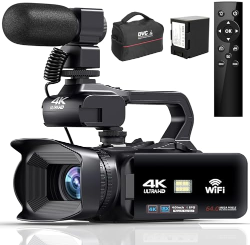 Sxhlseller Videocamera 4K per Vlogging Con Zoom Digitale 64MP 18x, Touch Screen da 4 Pollici, Microfono, Telecomando, Luce di Riempimento, Professionale