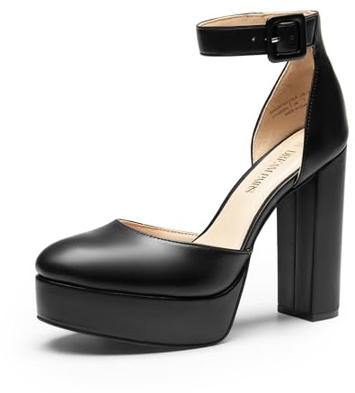 DREAM PAIRS Décolleté con Plateau e Cinturino alla Caviglia Comode Scarpe da Sposa con Tacco e Blocco per Festa,Size 39,Nero-Pu,SDPU2419W