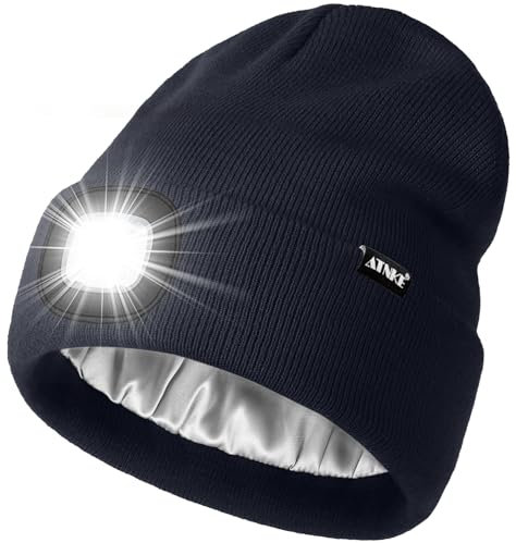 ATNKE LED Beleuchtete Mütze mit Licht,Wiederaufladbare USB 4 LED Beleuchtete Laufmütze Extrem Heller Lampe Winter Warme Satin Seide Gefüttertes Geschenke für Herren und Damen/Navy