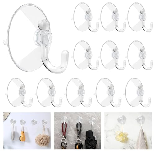 ADERTOS 12 Stk Saugnapfhaken PVC Saugnapfhalter mit Kunststoffhaken 50MM∅ Transparent Saugnapf Haken Ohne Bohren Wandhaken Aufhänger mit Saugnapf für Lichterketten Handtüchern für Fenster Badezimmer