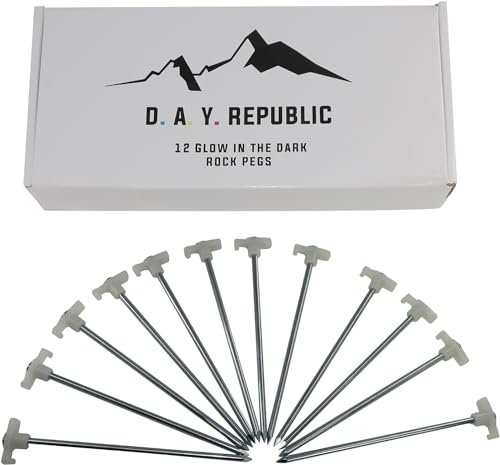 Large Heavy Duty Storm Proof Tent Pegs, Galvanised Steel Rust Proof – These Stakes are Ideal for a Hard and Rocky Ground for Camping Tents, Gazebos and Gardening (12 Glow in the Dark Rock Pegs)