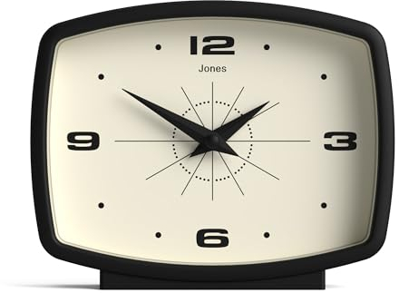 JONES CLOCKS® Film Schreibtischuhr | Rechteckiges retrodesign | Schwarz | Midcentury Stil mit modernem Finish ideal für Regal, Tisch, kaminsims oder nachttisch