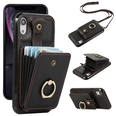 Asuwish Funda para iPhone XR con Cuerda Cuero Piel Tarjetero Soporte Antigolpes Anillo Resistente TPU Proteccion Elegante i 10XR 10R RX Tapa Carcasa Capa Case Mujer Negro
