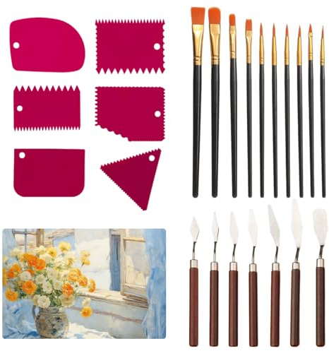 23 Stück Spachtel für Acrylmalerei,7 Edelstahl Palettenmesser +6 Acryl Spachtel +10 Haar und Borstenpinsel Set,Malmesser Malspachtel,Strukturpaste Spachtel zum Ölgemälde,Acrylfarben,Gouache,Aquarell