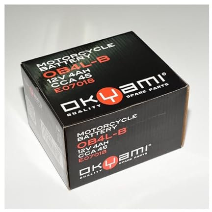 BATTERIA OKYAMI OB4L-B COMPLETA SPECIFICA MOTO SCOOTER RIF. YUASA YB4L-B 12V 4 AH COMPATIBILE CON YAMAHA NEO‘S 50 2T 07 > 12