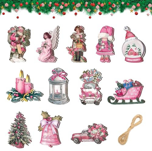 24 Stück Weihnachtsbaum-Dekoration, Weihnachtsbaum Anhänger Holzigkeit, Viktorianische Weihnachtsdekorationen Mit Schnüren, Verwendet Für Weihnachtsbaum Dekoration (Rosa)