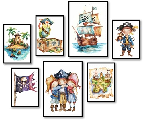 MJ-GRAPHICS® Poster Set Piraten Poster Kinderzimmer Deko, 2xA3 5xA4 Piratenschiff Wanddeko Kinderzimmer Deko Kinderzimmer Junge Freunde Poster Piraten Kinderzimmer, Schatzkarte Steuerrad ohne Rahmen