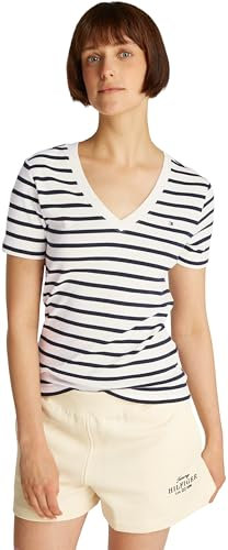 Tommy Hilfiger Camiseta de Manga Corta para Mujer New Slim Cody V-Neck con Cuello de Pico, Multicolor (Breton Dark Night Navy STP), XL