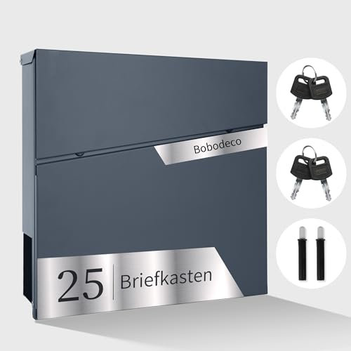 bobodeco moderner Briefkasten Personalisiert in Anthrazit RAL 7016, Postkasten mit Namensschild, Wandbriefkasten mit Zeitungsfach & Sichtfenster - Laser Gravur Briefkästen Stahl, Postbox, Anthrazit