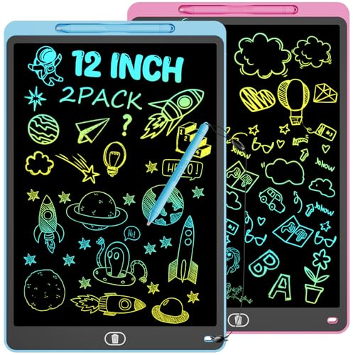 2 Pack LCD Schreibtafel Bunte, 12 Zoll Maltafel für Kinder & Erwachsene, Augenschutz Zeichentafel mit Sperr-& Lösch Tasten, Spielzeug & Geschenke, für Hause, Schule, Reisen - Blau & Rosa