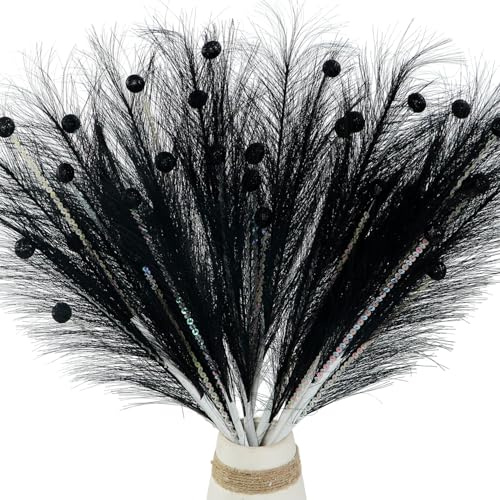 4 Stück Weihnachts-Feder-Pailletten Beeren Picks, 40 cm Weihnachtsbaum große Federn glitzernde Pailletten Beeren Dekorationen für Weihnachtsdekoration Basteln Zuhause dekorative Vasenfüllung (schwarz)
