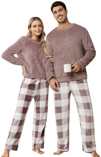 Xumplo Pigiama da donna e uomo, coppia di pigiami coordinati, in pile caldo, a quadri, 2 pezzi, Set Marrone Donna, L
