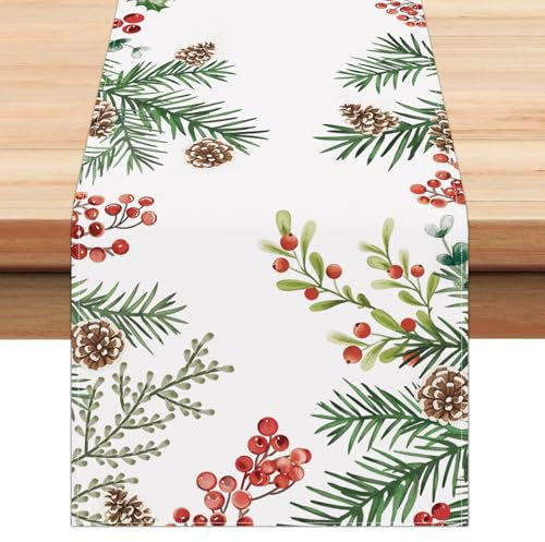 Bonhause Tischläufer Winterliche Kiefernnadelzweige, Tischläufer Bauernhaus mit Kiefernzapfen Küche Esstisch Dekoration für Drinnen Draußen Urlaub Party Waschbar Wohnkultur Tafeltuch (33 x 183 cm)
