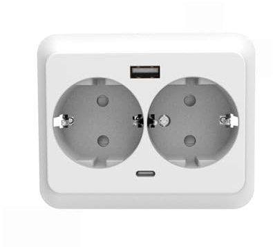 Double base encastrable 16 A 250 V avec prise T et ports USB A et B, idéale pour charger des appareils et connecter des appareils électroménagers.