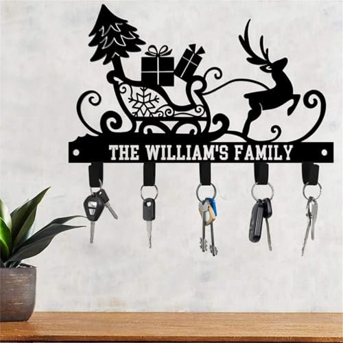 Porte-clés mural avec nom de renne de Noël personnalisé pour mur, entrée, porte d'entrée, couloir, cuisine, bureau, décoration de Père Noël, porte-clés pour amoureux de la famille