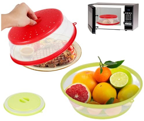 Jokapy Lot de 2 couvercles pliables pour micro-ondes - 26,5 cm - Avec trous de vapeur - Pour micro-ondes - Empêche les éclaboussures - Rouge et vert