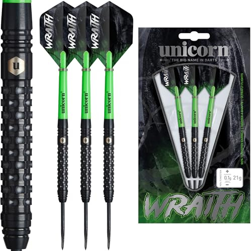 Unicorn Darts Set | Wraith | 90% Tungsten Barrels with Complex Milled Grip | Durable 100 Micron Ultrafly Flights | Black Steel Tip Volute Points