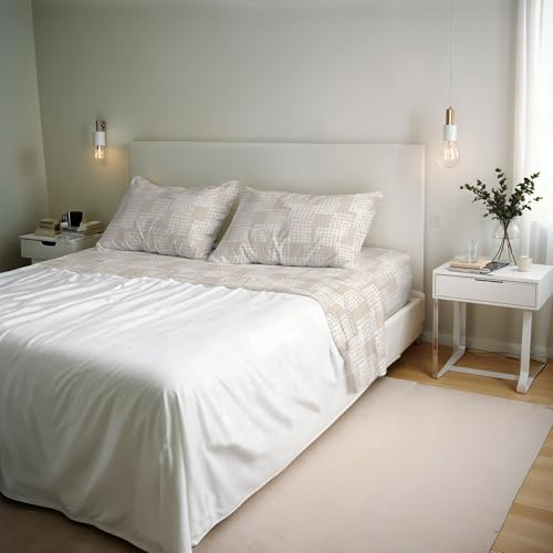 River Cotton Double Bed Sheet Set, Made in Italy – Complete Bed Set, Fitted Sheet, Top Sheet 240 x 300 cm and 2 Pillowcases with Inner Flap (Double, Kura)